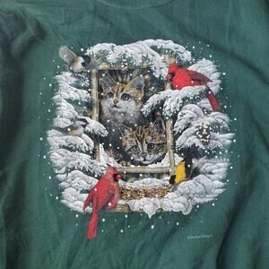 Vintage Endless Designs Sweatshirt Womens 2XL Green Cat Cardinal Christmas 90s